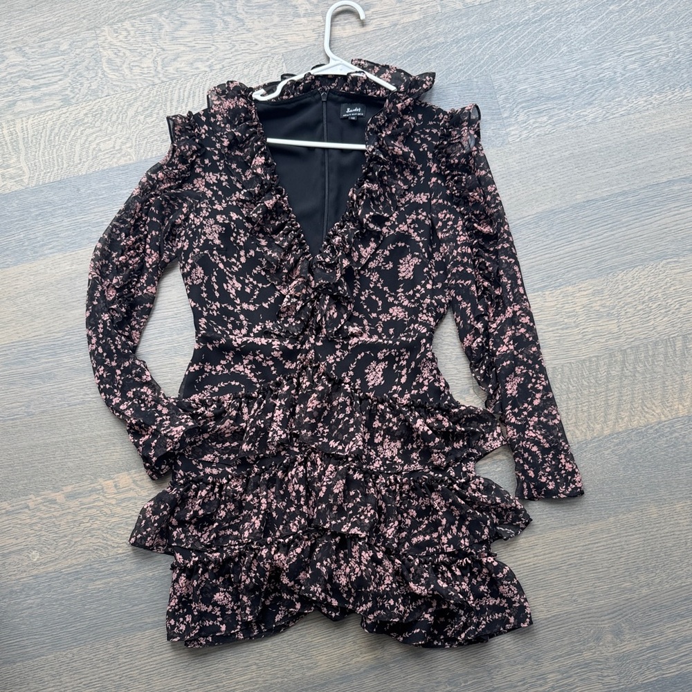 Bardot Black and Pink Floral Ruffle Dress